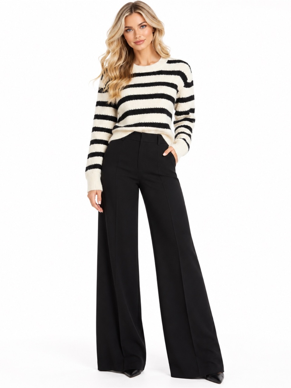 Alice + Olivia Luxe Autumn Soft Classic Stripe Ivory Black Crewneck Sweater NWT